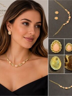 Trifari Gold-Tone Necklace and Earrings with Peach Cabochons